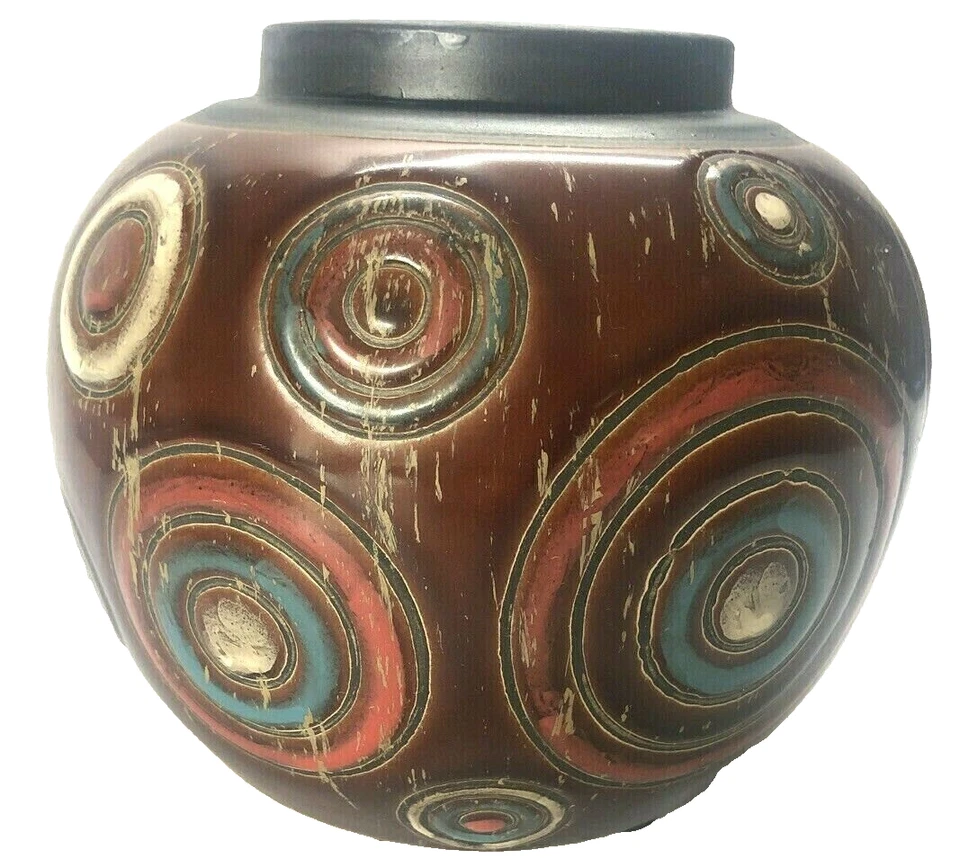Boho Round Art Pottery Vase Black Brown 6x7" By Privilege International 34193  - Image 1 of 4