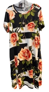 Abito Jessie Swing Nuovo con etichette LuLaRoe XL bianco e nero GRANDE verde pesca rose con tasche - Foto 1 di 8