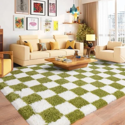 Fluffy Area Rug Checkered Soft Shaggy Carpet Mat for Living Room Bedroom Floor - Image 1 of 4
