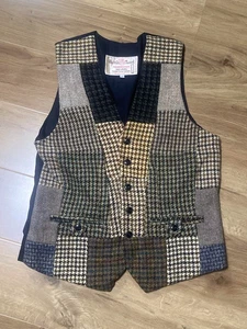 Harris Tweed Checkerboard Pattern Vest Size L Gray Gift From Japan - Picture 1 of 4