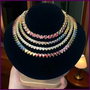 Runde herzförmige CZ Tennis Kette Regenbogen bunt Halskette Top Qualität Gold - Bild 1 von 27