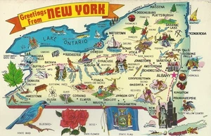 New York Map & Spots of Interest, postcard K-4865 (STAMPS, POSTAGE, COLLECTIBLE) - Picture 1 of 2