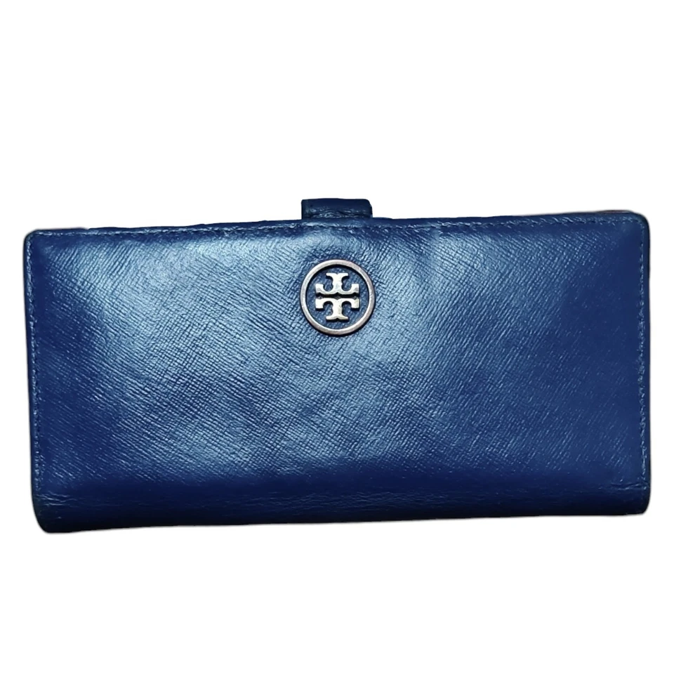 Carteira envelope fina de couro Tory Burch Saffiano azul com contraste interno *Leia  - Imagem 1 de 4
