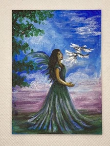 ACEO Original Painting Acrylic Art Card People Woman Lady Angel birds Ooak - Picture 1 of 4