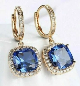 4Ct Cushion Cut Tanzanite Women's Halo Drop & Dangle Earrings 14K Rose Gold Over - Picture 1 of 5
