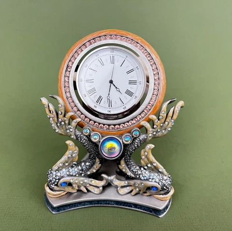 Jay Strongwater Enameled AB Rhinestones Jeweled 3 Koi Dolphin Fish Desk Clock Cover