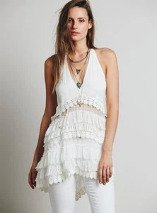 Blusa túnica Free People con tiras y volantes andrajosos en capas marfil transparente XS $228,00 - Imagen 1 de 12