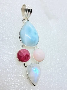 Anhänger echter Larimar Regenbogen Mondstein Rubin Pink Opal 925 Sterling Silber - Bild 1 von 5