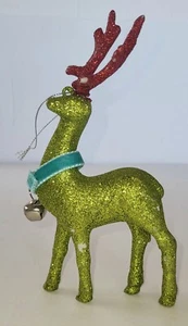 Vtg Christmas Reindeer Ornament Hollow Plastic Green & Red Glitter & Neck Bell  - Picture 1 of 6