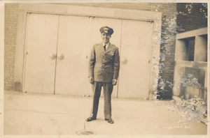 Vintage RPPC Real Photo Postcard Man Occupational Uniform Hat Driveway Damaged - Picture 1 of 7