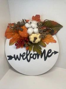 Fall pumpkin leaves round white welcome wooden sign  - Picture 1 of 4