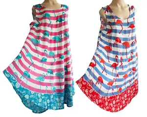 Sommer Viskose Gestreift Kleid Mit Flomingo Freie Größe UK 14 Sich 18 Pink/Blau - Bild 1 von 9