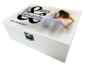 Regalo de boda personalizado, caja de recuerdos de madera, caja de recuerdo de madera blanca. - Imagen 1 de 12