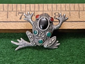 Vintage Sterling Silver 925 Marcasite Carnelian Onyx Frog Brooch Pin Signed CW - Picture 1 of 13