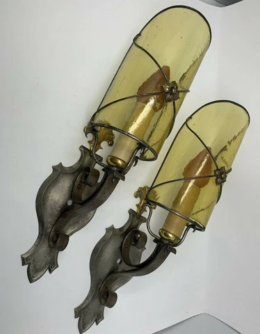 Antique Pair 1920s Spanish Revival Brass/Pewter/Nickel/Amber Glass Wall Sconces Cover