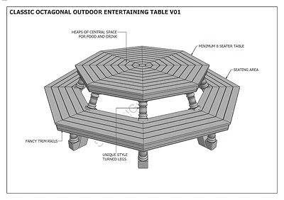 SH DESIGNS OCTAGON OUTDOOR TIMBER TABLE & CHAIR - UNIQUE DESIGN V1 - Full Building Plans