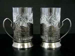 2 NEW Russian Crystal Tea Glasses 8.5 Oz. W/Metal Glass Holders (Podstakannik) - Picture 1 of 12