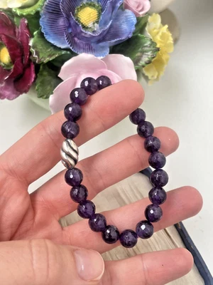 MODERNIST SOLID 925 STERLING SILVER FACETED AMETHYST STRETCHY ELASTIC BRACELET - Image 1 of 4