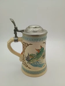 Vintage ALWE Fish Beer Stein Pewter Lid Fishing Pottery West Germany Stamp - Picture 1 of 13