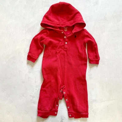 Ralph Lauren Preppy Baby Academia Red Waffle Knit Hooded Henley Romper 9M - Image 1 of 4