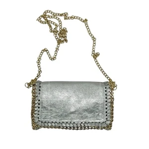 Borse in Pelle Crossbody Bag or Clutch Silver Italian Leather Gold Chain NWT - Picture 1 of 12
