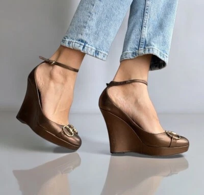 GUCCI Metallic Bronze Leather Horse Bit Ankle Strap Wedge Heel Pumps, Size 36.5 - Image 1 of 4