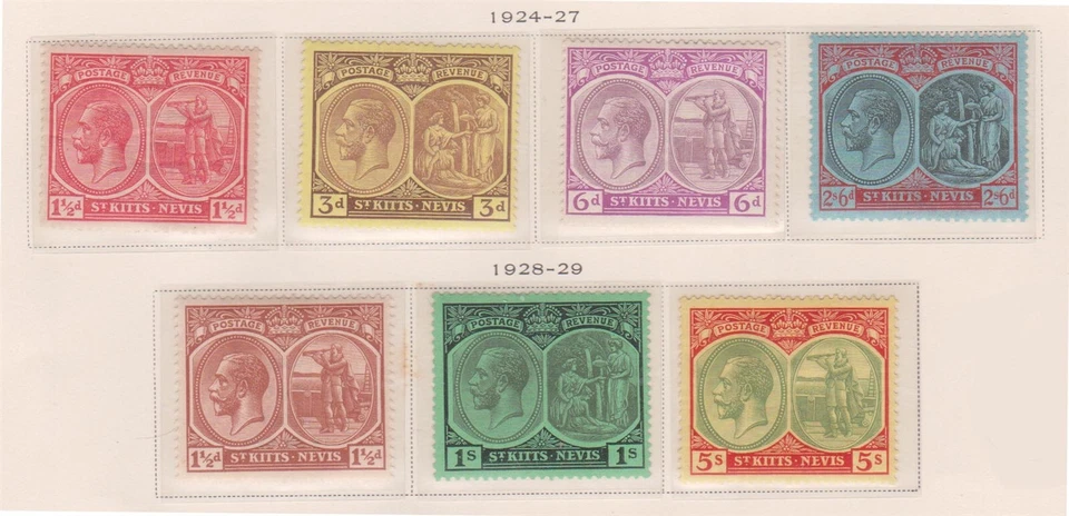 (F191-36) 1942-9 St Kitts Nevis set of 7stamps 1 1/2d to 5/- MH (AK) (FZ17) — 第 1/1 张图片