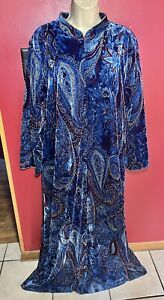 Vintage PHASES Robe Maxi Blue Paisley Velvet Velour Gold Trim Women’s Size XL