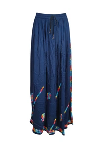 Boho Chic Gypsy Hippy Blue Flared Maxi Skirt Embroidered Fall Bohemian Skirts SM