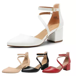 Women Pump Shoes Ankle Strap Low Chunky Block Heel Close Toe Dress Pump Shoes - Picture 1 of 20