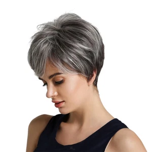 Stylish Women' Hair Short Side Part Wigs Pixie Cut Wig Grey White - Picture 1 of 11