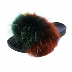 Liliana Nomi-17 Multi Luxury Raccon Fur Slippers Slip On Slides Flats Soft Mules - Picture 1 of 2