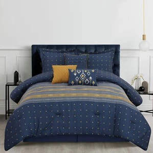Stratford Park Luxurious 7 Piece Comforter Set, Decorative Design, Navy, Quee... - Picture 1 of 7