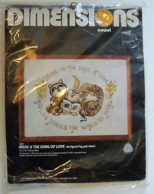 Vintage Dimensions Crewel Kit Music is the Song of Love Animals Linen #1003 NEW - Image 1 of 4