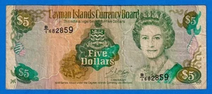 Cayman Islands 5 Dollar 1996 P-17 QE II Circulated Note B/1 682859 - Foto 1 di 4