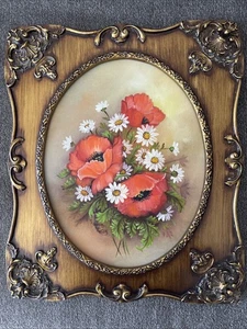 Vintage Blumen Kunstwerk/Gemälde rote Mohnblumen und weiße Gänseblümchen im Rahmen - Bild 1 von 8