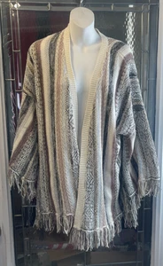 Knox Rose Cream Brown Black Knit 3/4 Sleeve Fringe Open Cardigan Womens Sz L - Bild 1 von 4