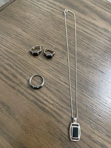 SU THAILAND Sterling Silver 925 BLACK ONYX NECKLACE PENDANT RING & EARRINGS SET - Picture 1 of 13