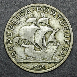 1932 Portogallo Argento 5 Scudi KM# 581; Moneta VF - Foto 1 di 2