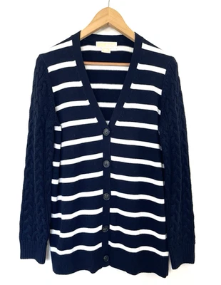Cárdigan Michael Kors Azul Marino Rayas Mezcla Angora Talla P/M Preppy Costero Francés Foto 1 de 4