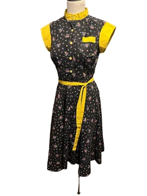 Vestido Camisa Floral Vintage Años 70 Para Mujer Negro y Amarillo Cuello Alto Talla 11 EE. UU. Foto 1 de 4