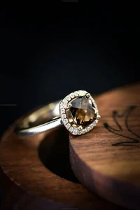 Smoky Art Deco Fine Birthday Engagement Ring 14k Gold Topaz Diamond - Picture 1 of 6