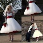 Tea Length Wedding Dress Red Straps Sweetheart Fluffy Bridal Gown Plus Size