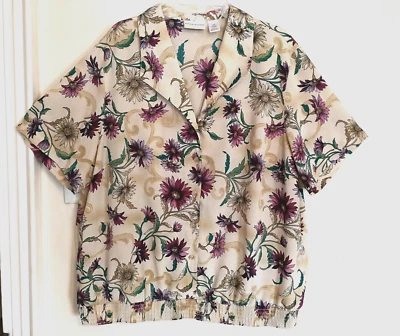 Alfred Dunner Womens Button Up 24W Plus Cream Purple Floral Blouse Short Sleeve - Image 1 of 3
