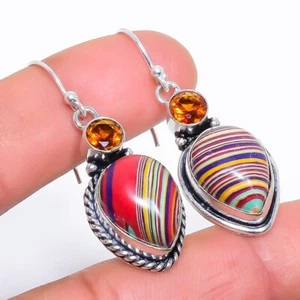 Rainbow Calsilica, Honey Topaz Gemstone 925 Sterling Silver Earring 1.7" K759 - Picture 1 of 7