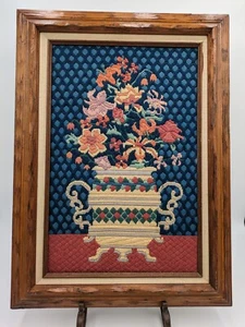 Vintage Handmade Finished Needlework Framed 22.5" x 16.5" Chinese Flower Vase - Picture 1 of 5