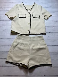 Women 2 Piece Set Beige Solid Short Sleeve V-Neck Button Comfort Casual Pearls S - Picture 1 of 6