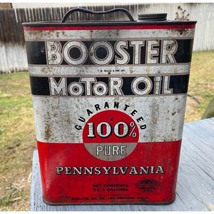 Vintage BOOSTER OLIO MOTORE 2 galloni latta metallo Pennsylvania PA Los Angeles CA 990A - Foto 1 di 6