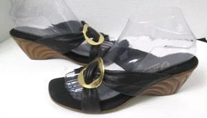 Onex black leather criss cross strap w/gold circle slip on Wedge sandals 8 M B2 - Picture 1 of 8