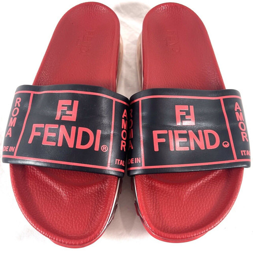 Sandali FENDI FIEND Roma Amor neri in pelle rossa suola ad aria slides 12UK 13US